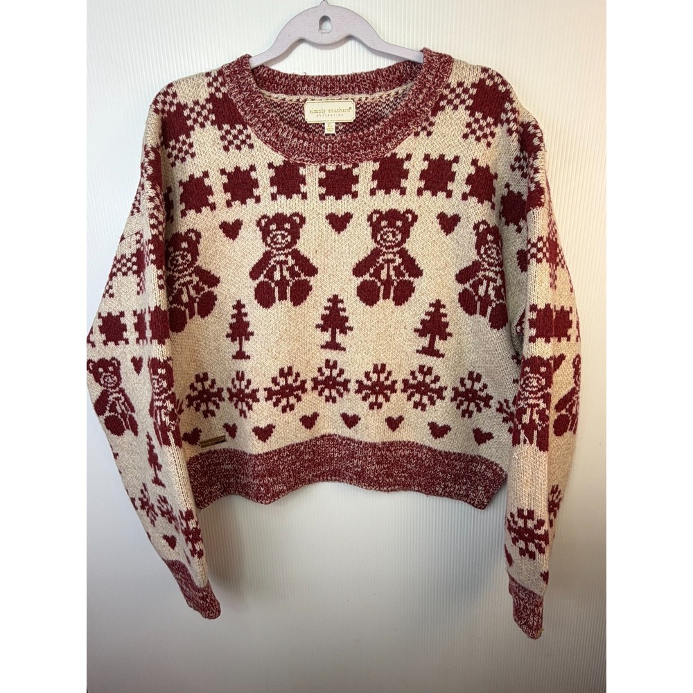 Simply Southern Felicity Bear Sweater Womens XL Cream Red Fair Isle Teddy New